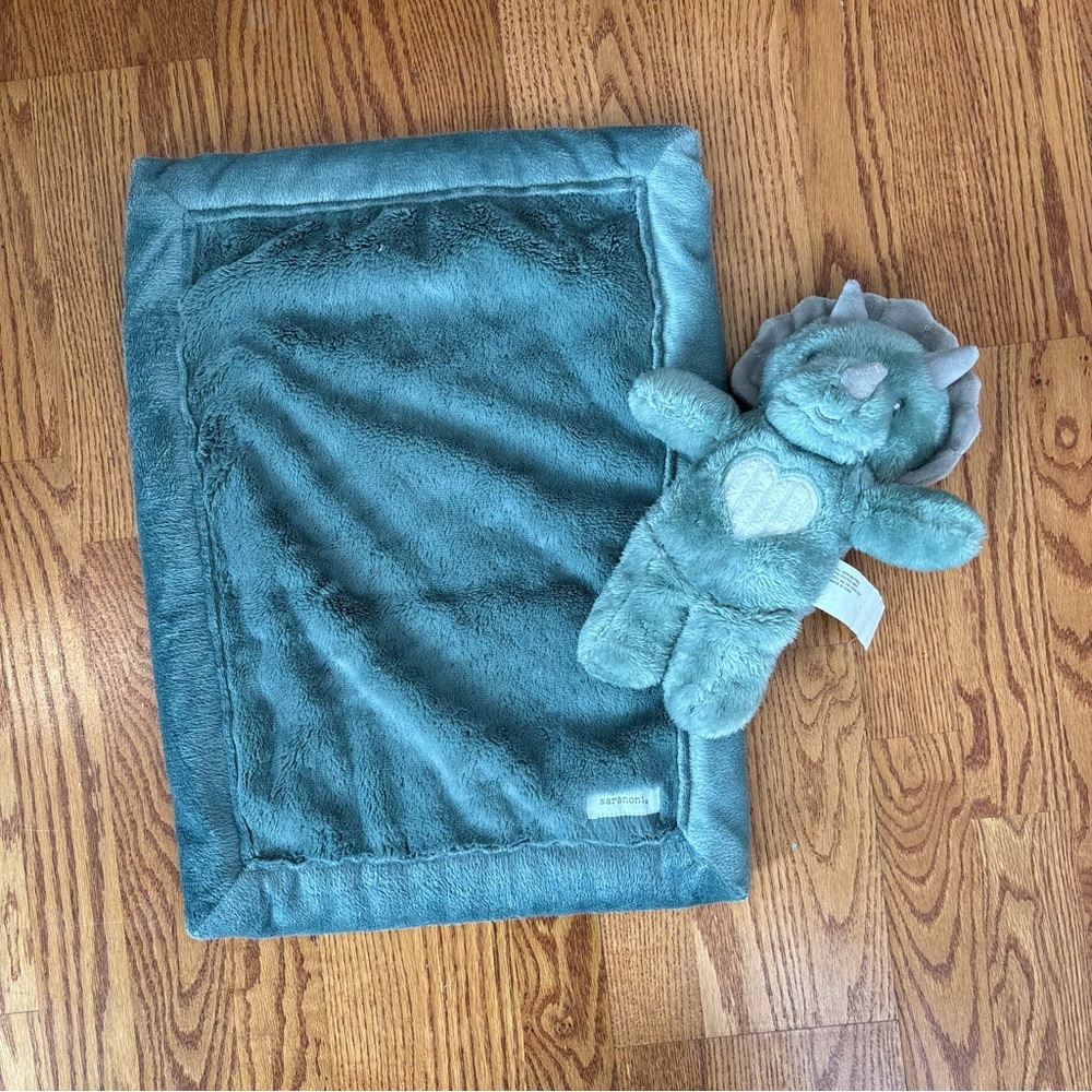 Saranoni Mini Blanket green grey 15"x20" Baby Soft Plush with plush Dino toy